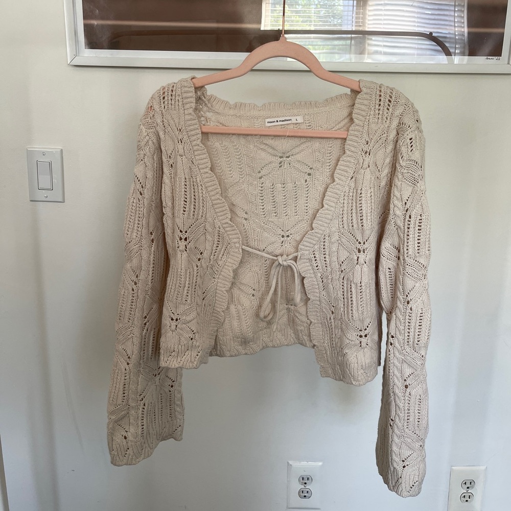 Crochet Tie-Front Cardigan Sweater in Cream